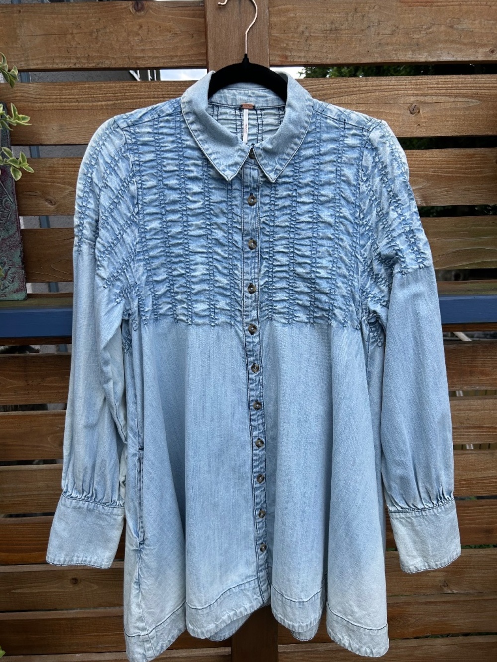 Free People Blue Chambray Ruched Button Down Tunic Shirt